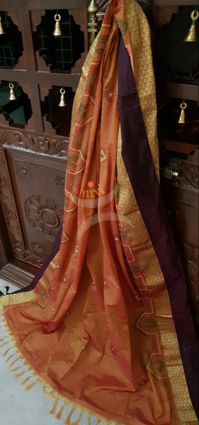 Orange with Black Kota Cotton Kasuti embroidered Duppata with Traditional Peacock motifs.