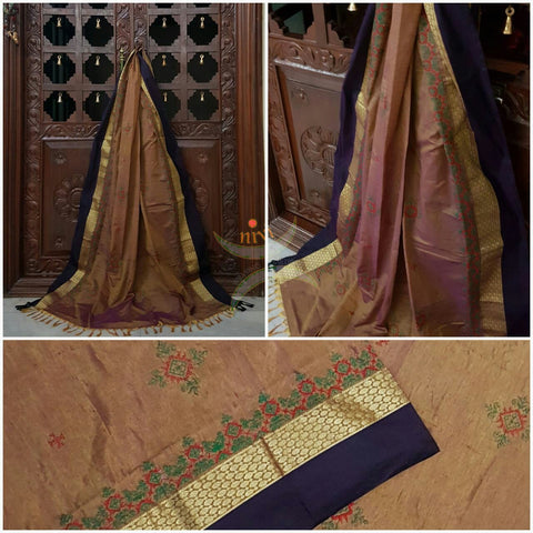 Bronze shot of Maroon  with Black Kota Cotton Kasuti embroidered Duppata with Traditional motifs.