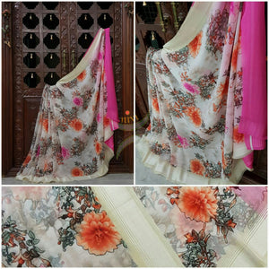 Off white wrinkle printed crepe with satin finish and floral print.
