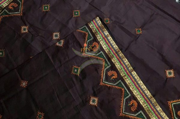 Brown with Gold Kota Cotton Kasuti embroidered Duppata with Traditional Peacock motifs.