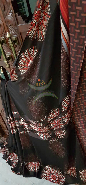Black wrinkle printed Georgette with satin finish and Abstract floral print.