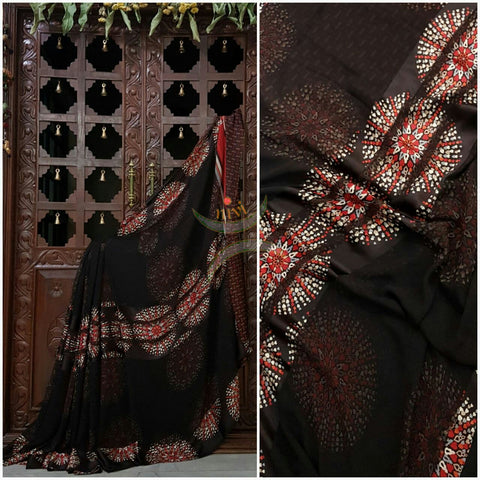 Black wrinkle printed Georgette with satin finish and Abstract floral print.