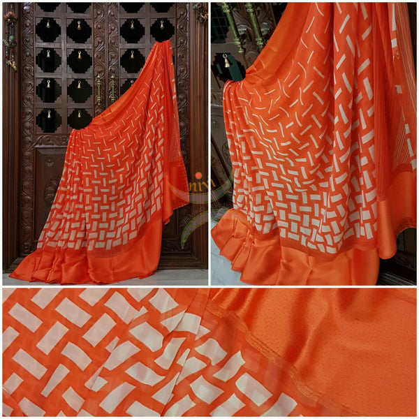 Orange wrinkle printed crepe with satin finish and Abstract Geometrical print.