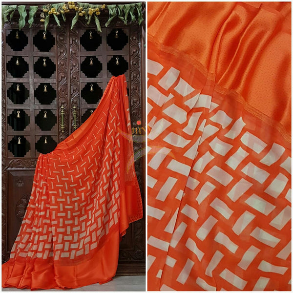 Orange wrinkle printed crepe with satin finish and Abstract Geometrical print.