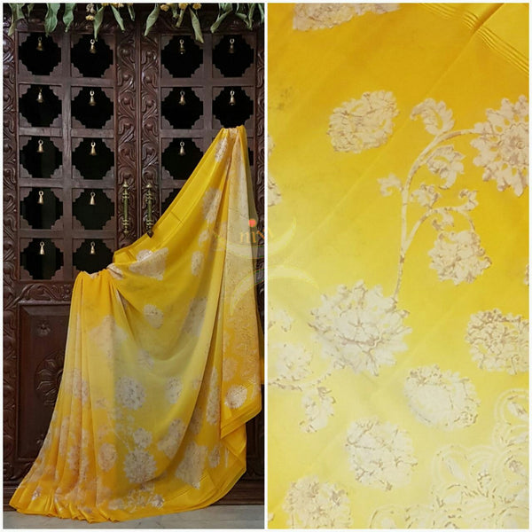 Yellow Two tone wrinkle printed Georgette with satin finish and floral print.