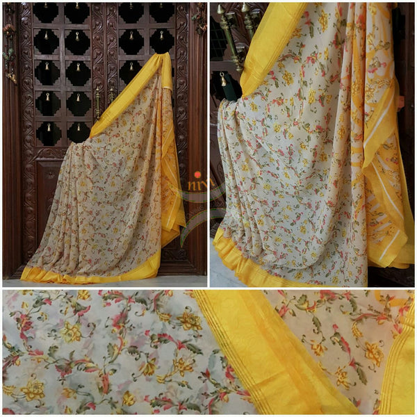 Yellow wrinkle printed Georgette with satin finish border and floral print.