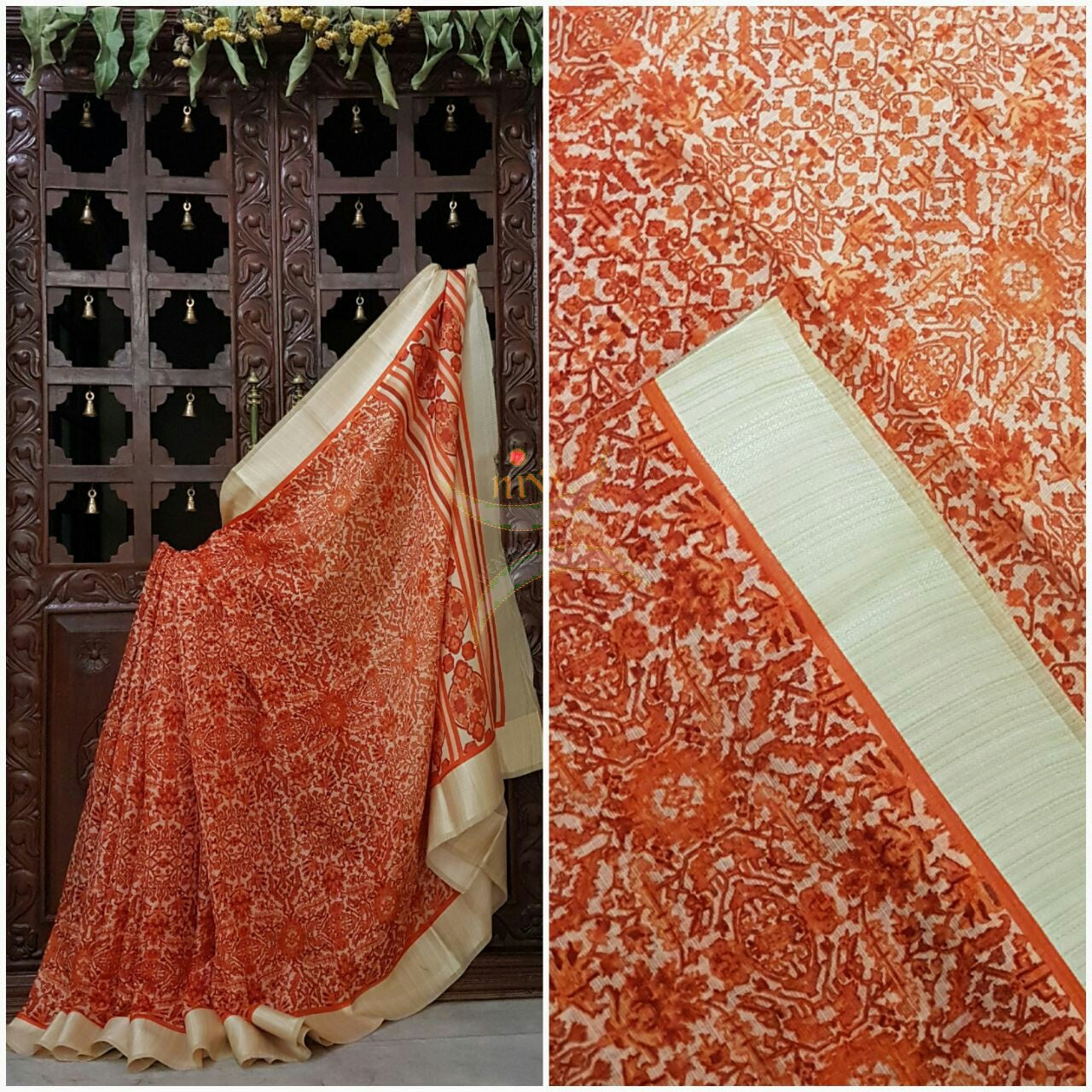 Orange with cream printed Kota Cotton saree with tissue finish cream border.