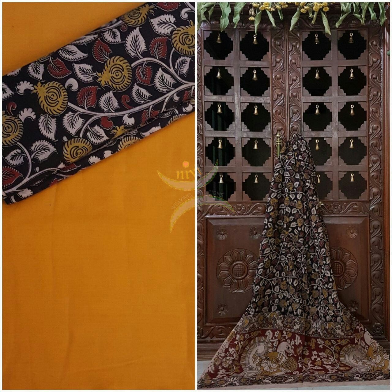 Handloom Mul cotton peacock and floral motif print kalamkari with mangalgiri Cotton top.
