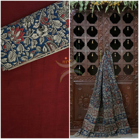 Handloom Mul cotton peacock and floral motif print kalamkari with mangalgiri Cotton top.