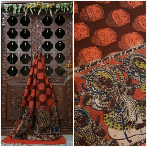 Handloom Mul cotton kalamkari duppata with Buddha face and Ram sita motif.duppata comes with zari lines at the borders.