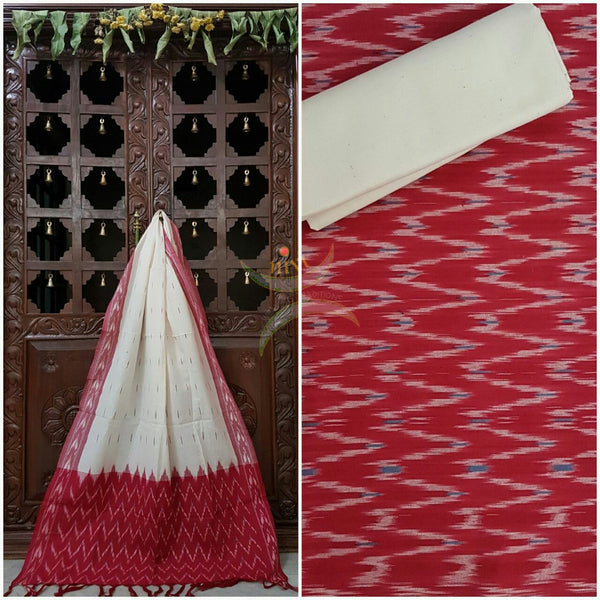 Red and off white pochampalli ikat Handloom Cotton dress material
