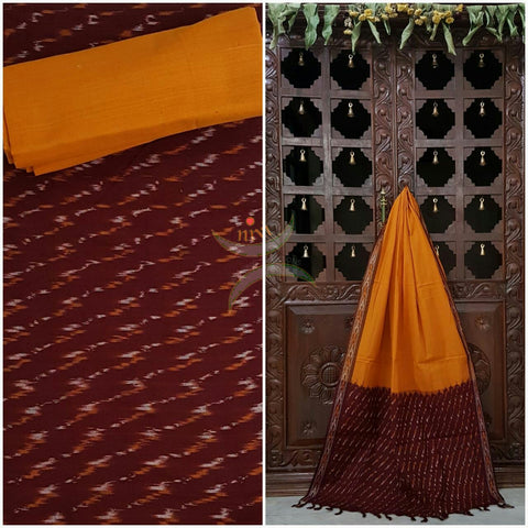 Maroon  and Mustard pochampalli ikat Handloom Cotton dress material