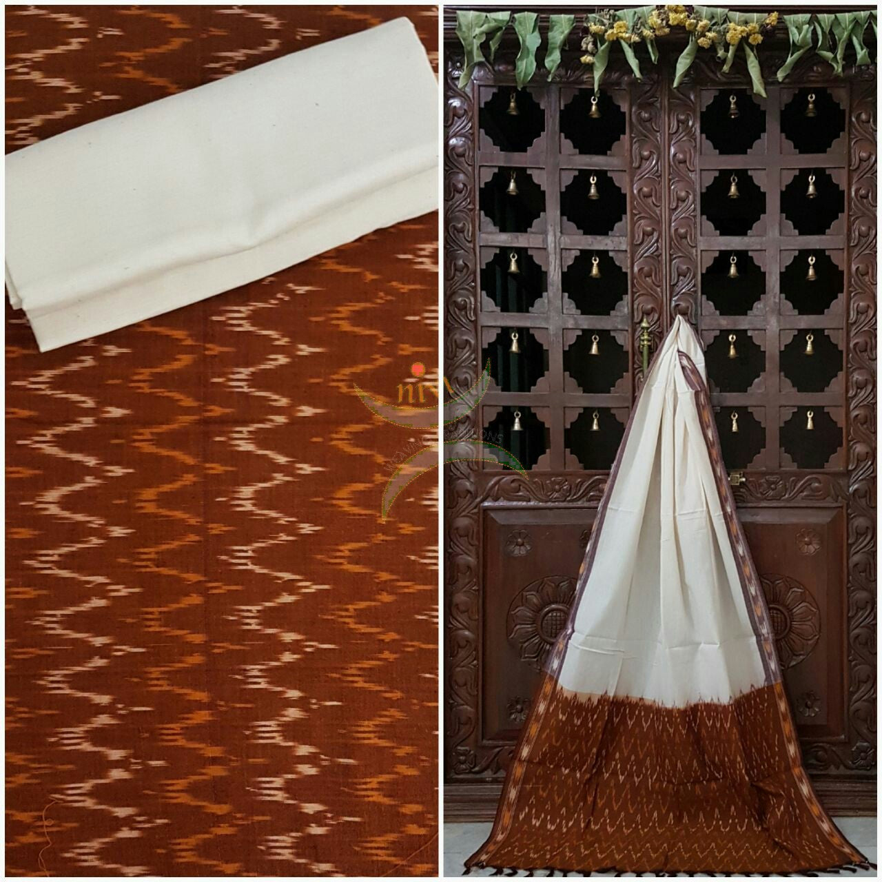 Amber and white pochampalli ikat Handloom Cotton dress material