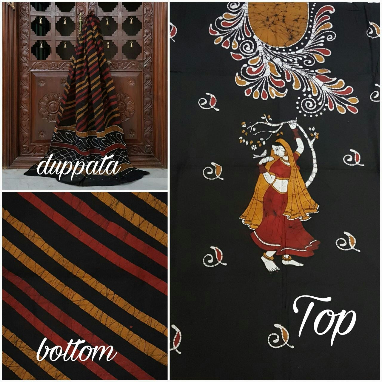 Black with Mustard Red Handloom Mul Cotton Batik printed dress material with floral and a lady motif for top and diagonal lines for bottom and dupatta.