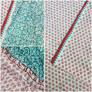 Handloom Sea Green with Maroon hand block printed dress material with Floral motif. Dress comes with block printed chiffon dupatta.