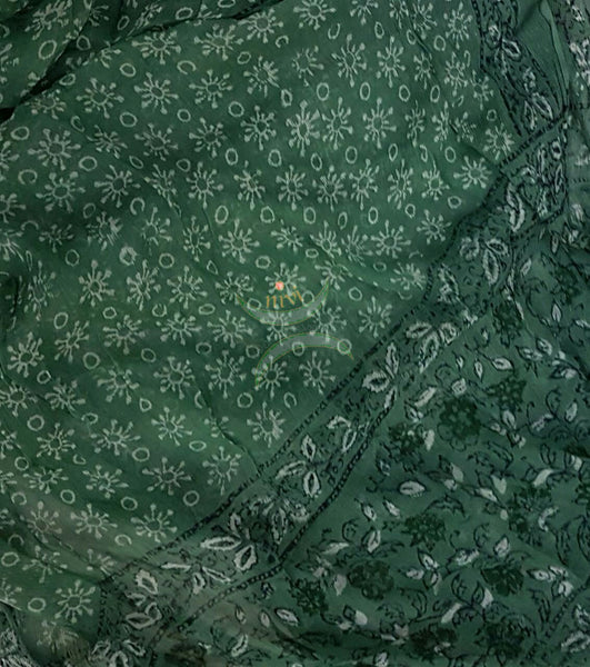 Handloom Sea Green hand block printed dress material with Floral motif. Dress comes with block printed chiffon dupatta.