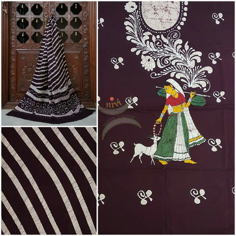 Brown with Off white Handloom Mul Cotton Batik printed dress material with floral and a lady motif for top and diagonal lines for bottom and dupatta.