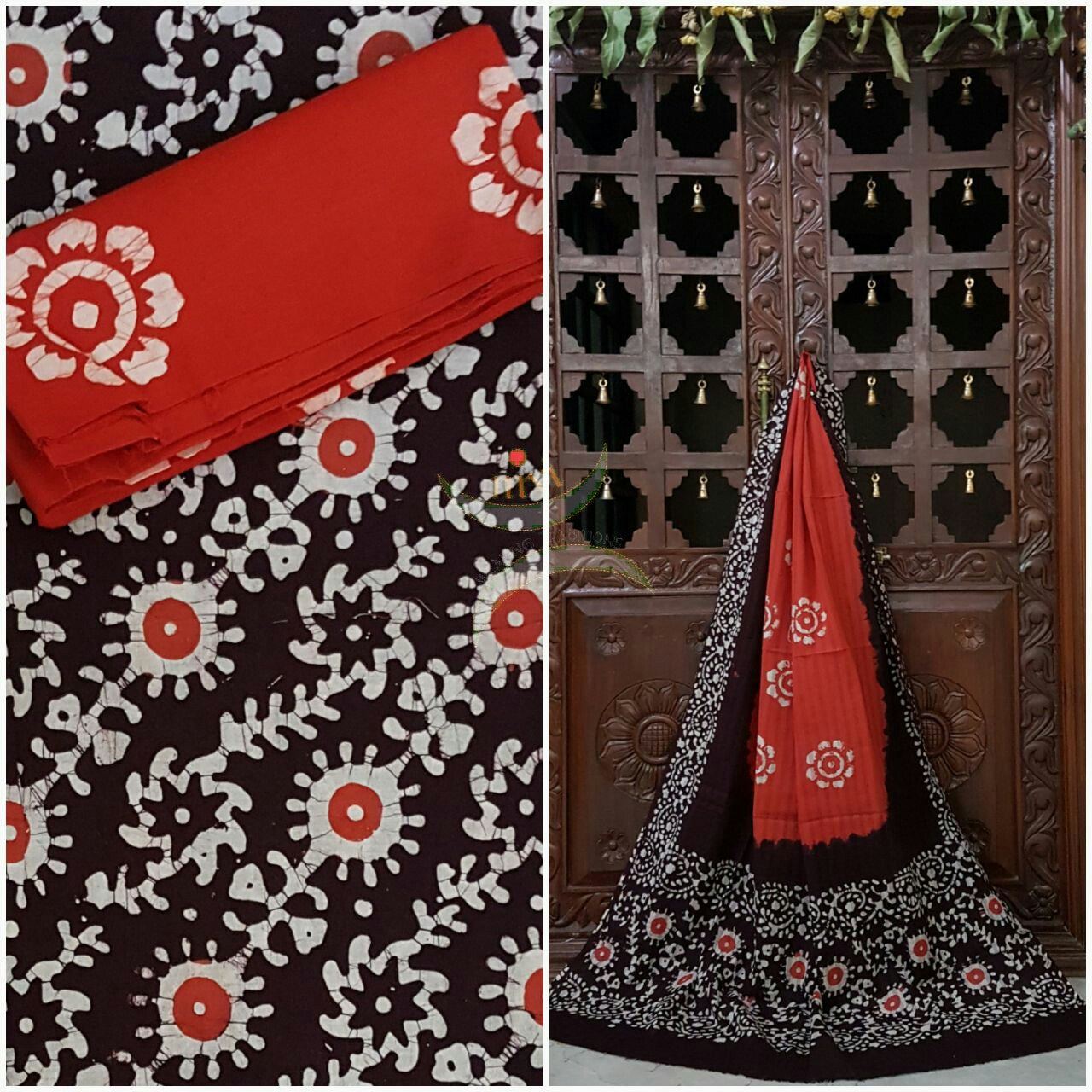 Black with Red Handloom Mul Cotton Batik printed dress material with floral motif.