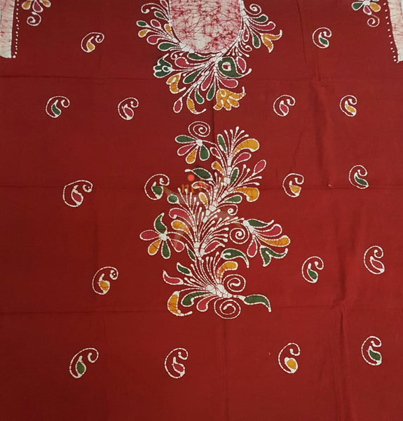 Red with Mustard Off White Handloom Mul Cotton Batik printed dress material with floral motif for top and diagonal lines for duppata and bottom.