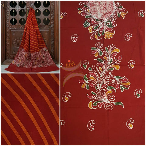 Red with Mustard Off White Handloom Mul Cotton Batik printed dress material with floral motif for top and diagonal lines for duppata and bottom.