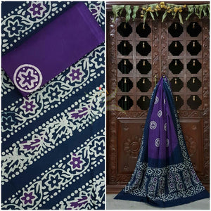 Purple with Navy blue Handloom Mul Cotton Batik printed dress material with floral motif.