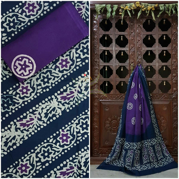 Purple with Navy blue Handloom Mul Cotton Batik printed dress material with floral motif.