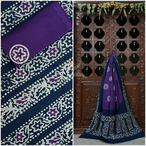 Purple with Navy blue Handloom Mul Cotton Batik printed dress material with floral motif.