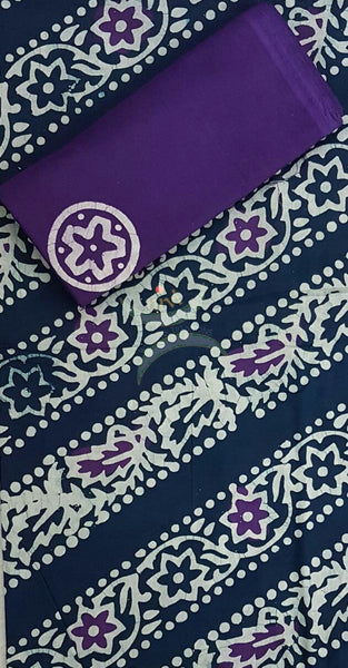 Purple with Navy blue Handloom Mul Cotton Batik printed dress material with floral motif.