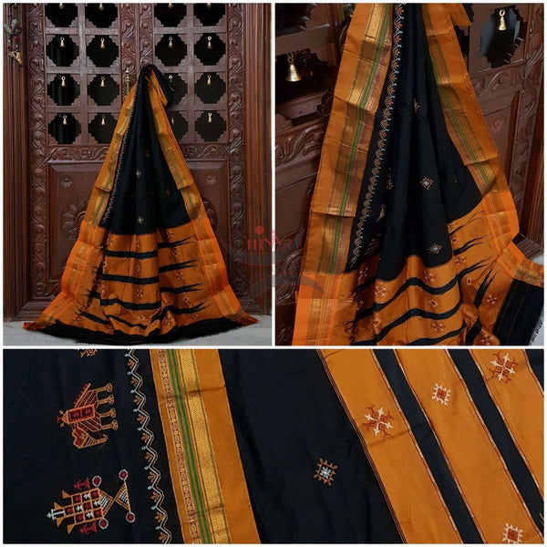 Black silk cotton ilkal with traditional anne gopura motif kasuti embroidery and mustard tope teni pallu