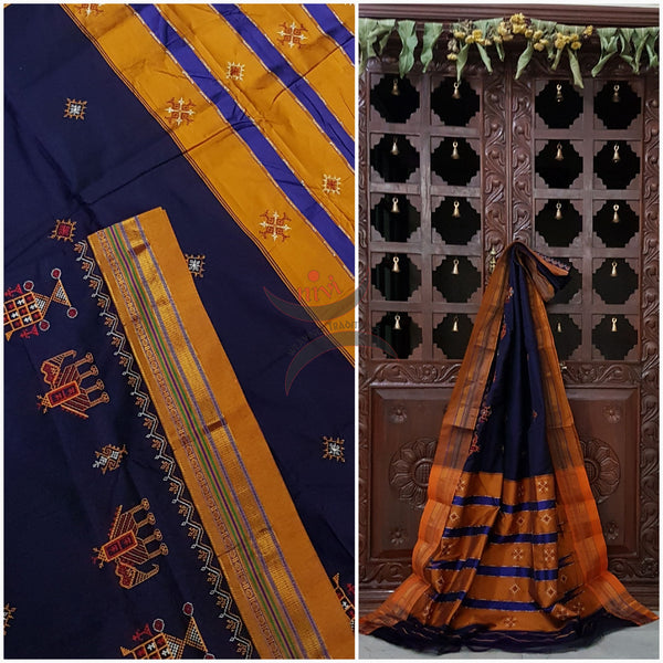 Royal blue silk cotton ilkal with traditional anne gopura motif kasuti embroidery and mustard tope teni pallu