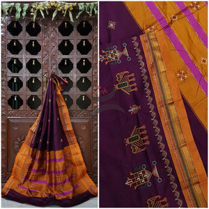 Purple silk cotton ilkal with traditional anne gopura motif kasuti embroidery and mustard tope teni pallu