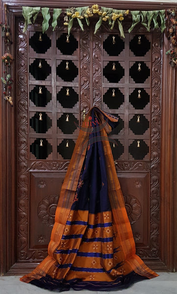Royal blue silk cotton ilkal with traditional anne gopura motif kasuti embroidery and mustard tope teni pallu