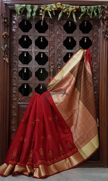 Red art silk cotton with traditional anne gopura motifs kasuti embroidered and tissue finish border and pallu