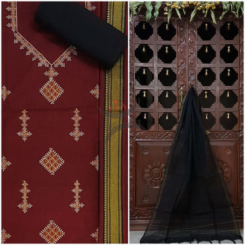 Maroon kasuti embroidered mangalgiri cotton top with zari border and plain contrasting black mangalgiri cotton salwar and dupatta