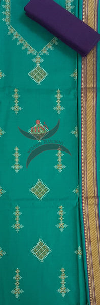 Sea green kasuti embroidered mangalgiri cotton top with zari border and plain contrasting purple mangalgiri cotton salwar and dupatta