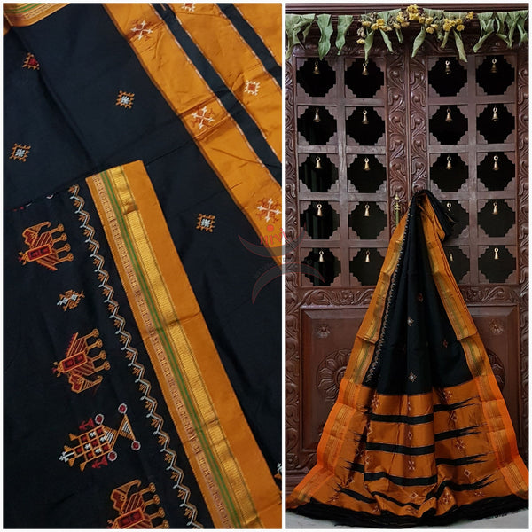 Black silk cotton ilkal with traditional anne gopura motif kasuti embroidery and mustard tope teni pallu