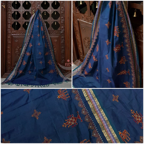 Blue shot with purple kota cotton Kasuti embroidered with Traditional anne gopura motifs.