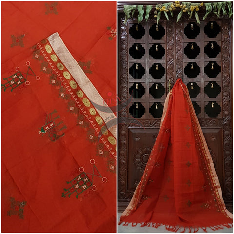 Orange with gold border kota cotton Kasuti embroidered with Traditional anne gopura motifs.