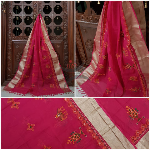 Fuschia pink with gold tissue border kota cotton Kasuti embroidered with Traditional anne gopura motifs.
