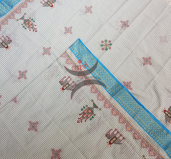 Off white with Blue chequared Kota Cotton Kasuti embroidered Duppata with Traditional Anne Ambari motifs.