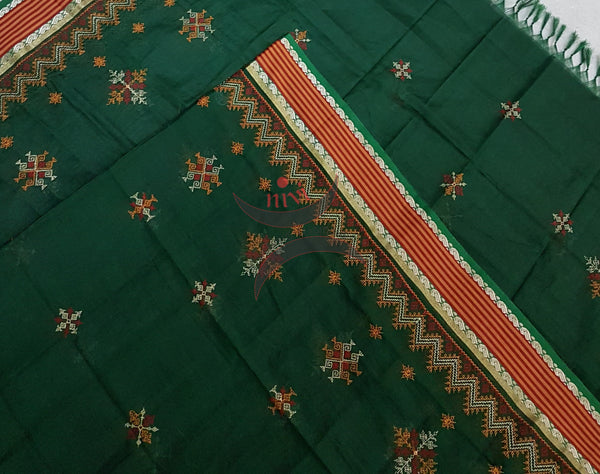 Green with red orange striped kota cotton Kasuti embroidered with Traditional geometric motifs.