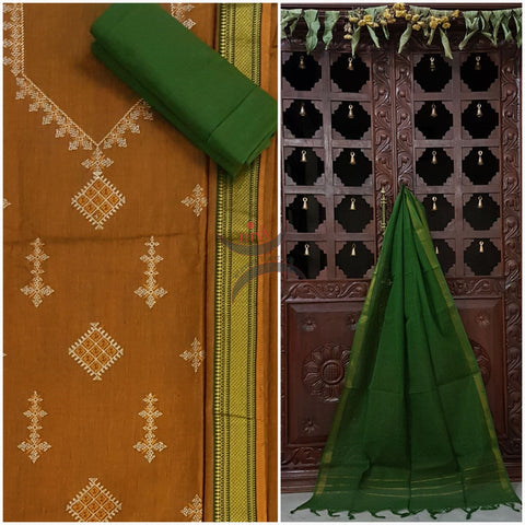 Mustard brown kasuti embroidered mangalgiri cotton top with zari border and plain contrasting green mangalgiri cotton salwar and dupatta
