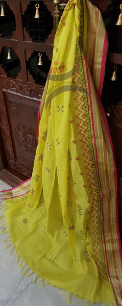 Neon yellow with pink Kota Cotton Kasuti embroidered Duppata with Traditional geometric motifs.