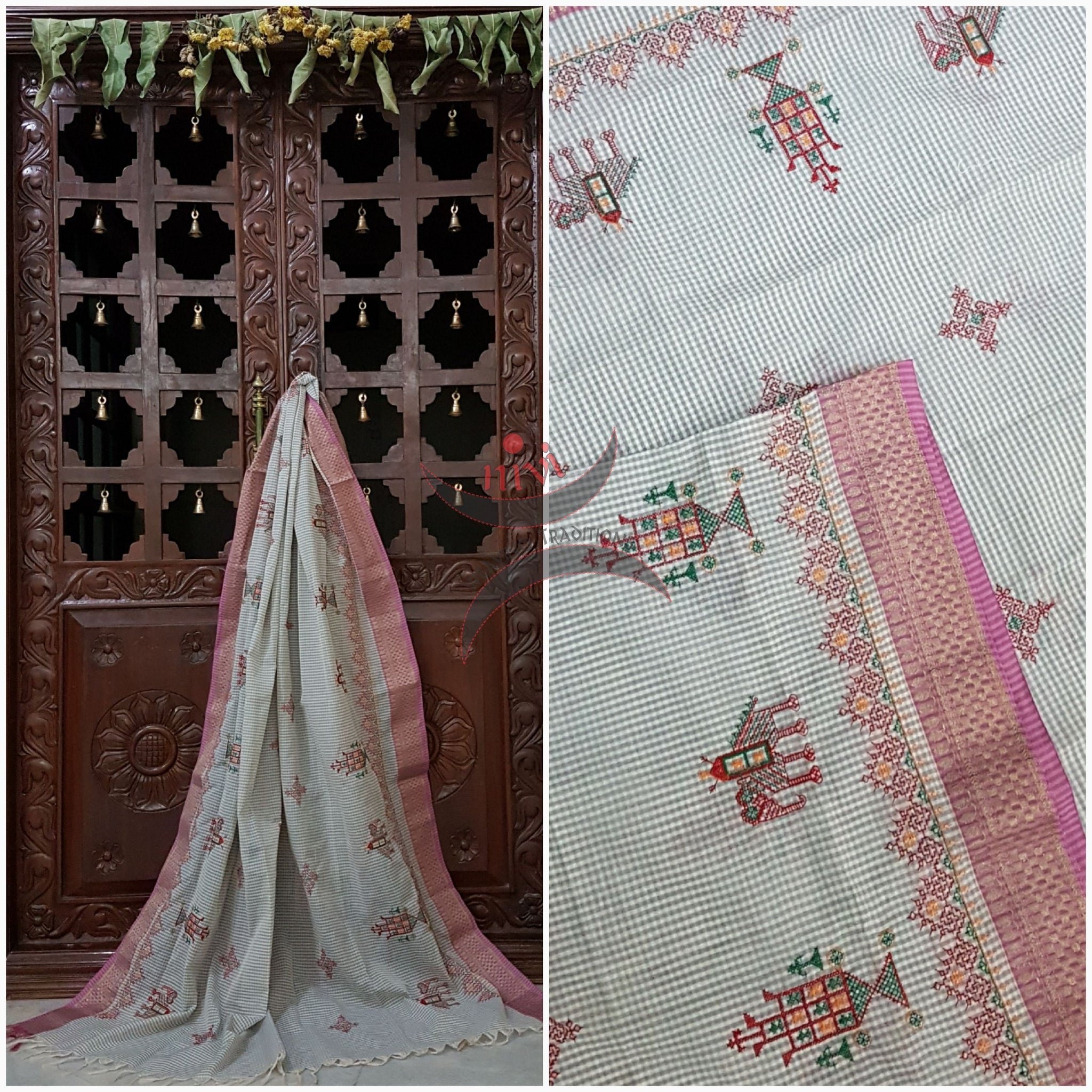 Off white with subtle grey chequered kota cotton with pink border and Kasuti embroidery with Traditional anne gopura motifs.
