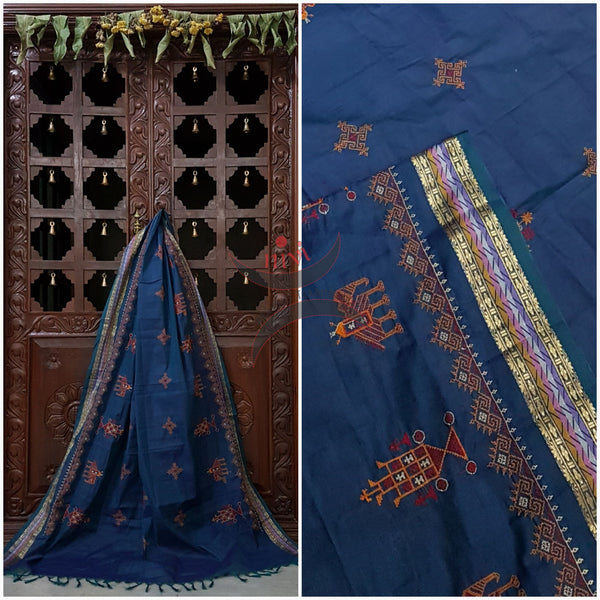Blue shot with purple kota cotton Kasuti embroidered with Traditional anne gopura motifs.