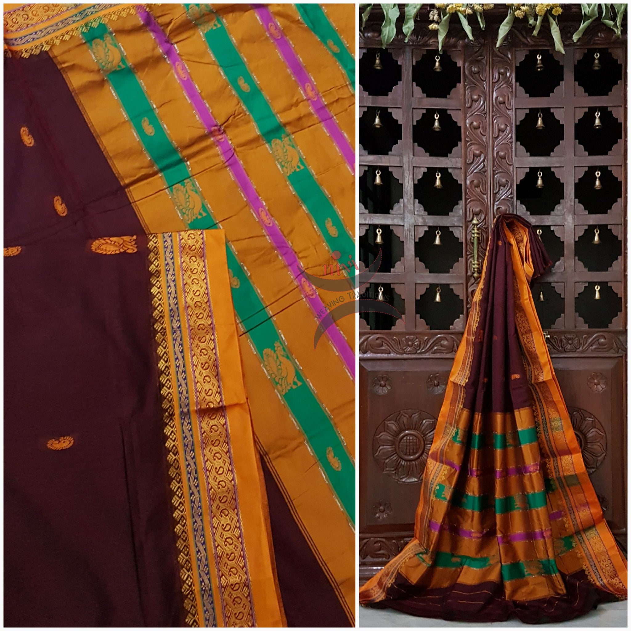 Maroon with mustard sico traditional South saree with peacock and paisley motif allover the saree, border and pallu. Saree comes with running blouse.