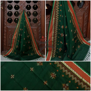 Green with red orange striped kota cotton Kasuti embroidered with Traditional geometric motifs.