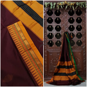 Maroon Gadwal Silk Cotton saree with Ganga Jamuna temple border and woven booties all over and traditional tope teni pallu. Saree comes with running blouse
