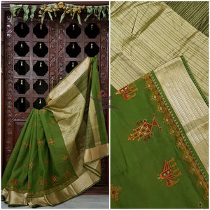 Green art silk cotton with traditional anne gopura motifs kasuti embroidered and tissue finish border and pallu