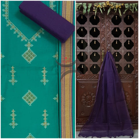 Sea green kasuti embroidered mangalgiri cotton top with zari border and plain contrasting purple mangalgiri cotton salwar and dupatta